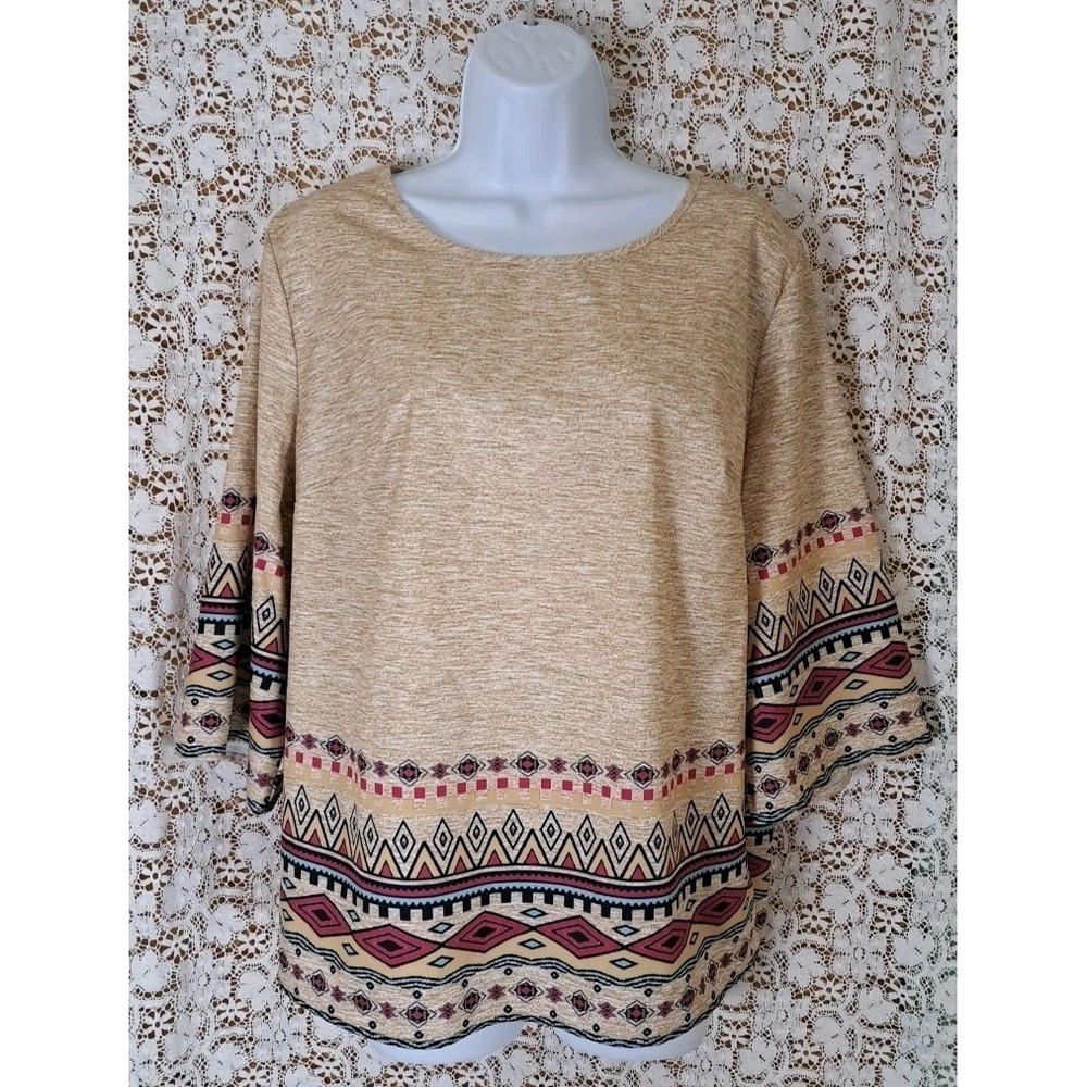 Emery Rose‎ Popover Top XL Tan Aztec Print 3/4 Sleeve Stretch Summer Casual NWT
